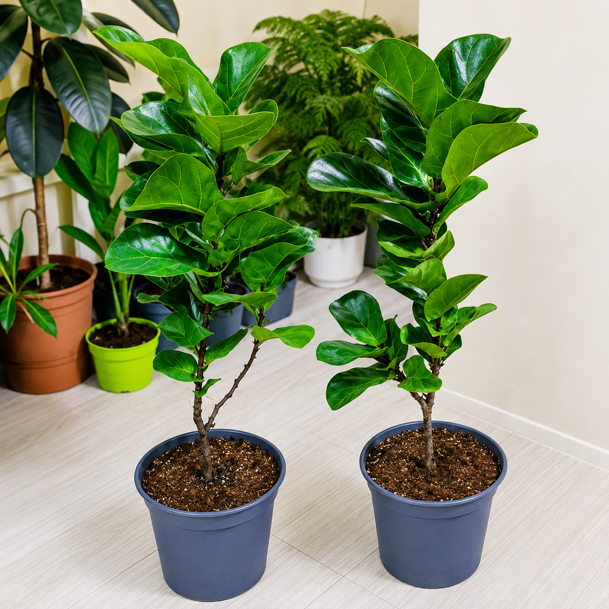 Healthy Fiddle Leaf Fig with large glossy violin-shaped green leaves in decorative pots, ideal for indoor home, office, hotel, and modern interior décor.