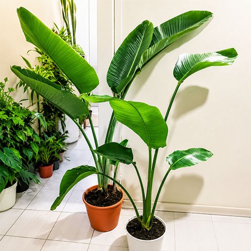 Healthy Bird of Paradise Plant with large tropical green leaves in decorative pots, ideal for indoor home, office, hotel, and modern interior décor.